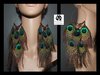 Boucles d'oreilles créoles géantes style design ethnique plumes de Paon tons turquoise et cuivre