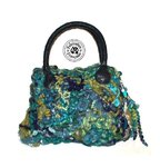 Small bag in cowhide ostrich leather and crocheted knitted wool tones turquoise anise gray taupe