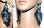 Earrings sleeveless style in silk cocoons feather pearls tones oil black turquoise coral
