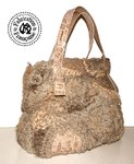 Large bag in leather and knitted wool crocheted tan gray gray taupe