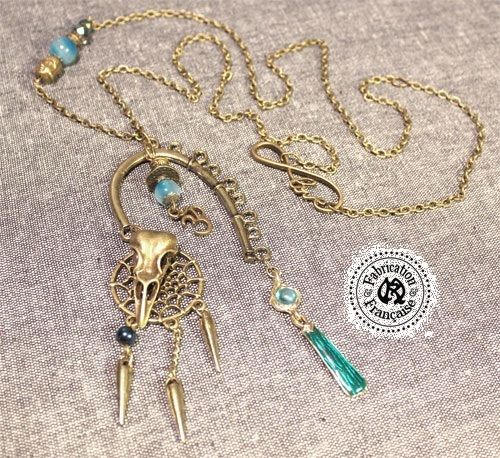 collier sautoir ethnique OHM chaines perles tons bronze turquoise canard