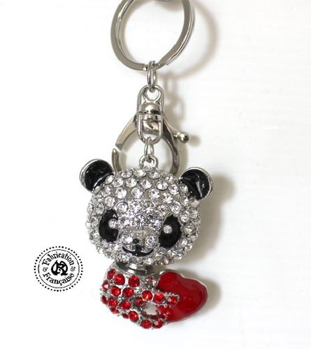 Porte clefs bijou grigri de sac petit panda kawai en métal rhodium acier strass et émail argent noir
