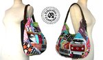 Handbag 44 x 30 x 10 cm in printed and embroidered fabrics sewn patchwork leather handle brown