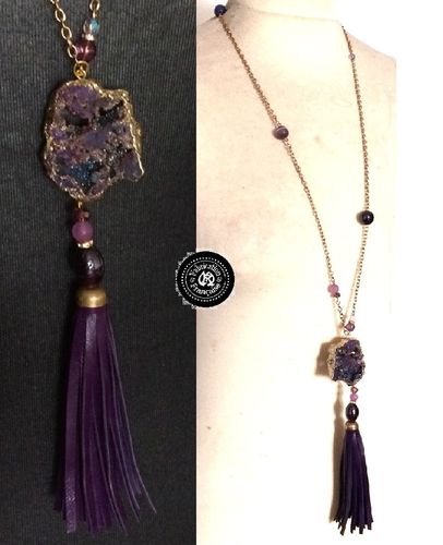 Collier sautoir ethnique hippie chic chaîne perles verres et agates semi précieuses violet aubergine