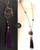 Collier sautoir ethnique hippie chic chaîne perles verres et agates semi précieuses violet aubergine
