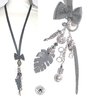 necklace long necklace link fine leather tassel leaves flowers gray leathers