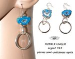 Pair of earrings in 925 silver and semi-precious stone sliced agate blue