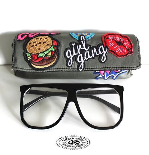 Glasses case in khaki cotton fabric and multicolored FUN CARTOONS inlay size 19 x 7 cm