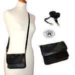 Mini sac à main pochette bandoulière 16 x 13 x 3 cm modulable besace cuir noir et tissu camouflage