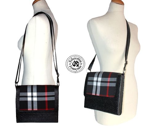 unisex shoulder bag 24 x 20 x 4 cm adjustable strap black lizard leather and woven tartan fabric