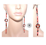 Mid-length patent leather earrings geometric articulated charms coral black spots