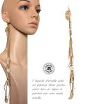 1 long single earring solo 28 to 30 cm in feather leathers pearl chains light leather gold