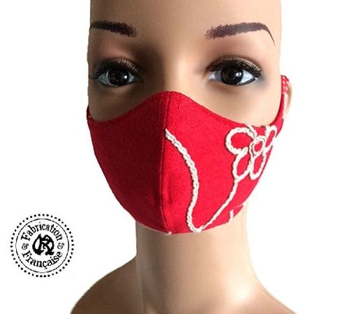 Fashion mask new collection in red embroidered linen fabric washable 60 °0 °