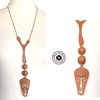 Long necklace in chain and luxury brown leather mask and half-sphere ethnochic style
