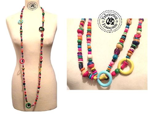 collier très long sautoir en perles et anneaux fantaisies de bois multicolores 75 cm