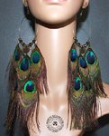Giant hoop earrings ethnic design style peacock feathers turquoise and bronze tones