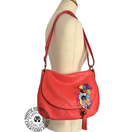 coral smooth leather shoulder bag messenger bag inlaid bouquet of flowers 3 D in multicolored leathe