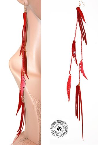 1 long single solo earring 38 cm in red tassel chain leather