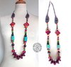 Long necklace beads unique model wood and multicolored ethnic style fabrics